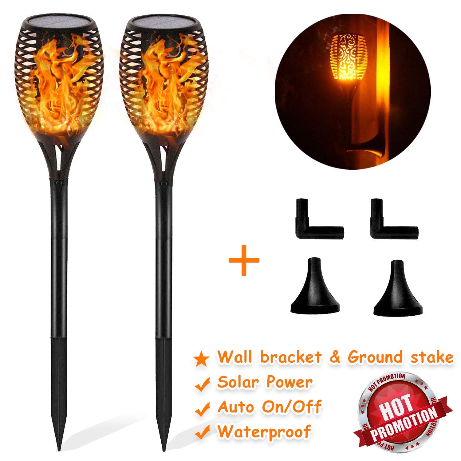 FLOWood 2 Stück Solar Garten Flammen Fackeln LED Bis Dawn Automatische